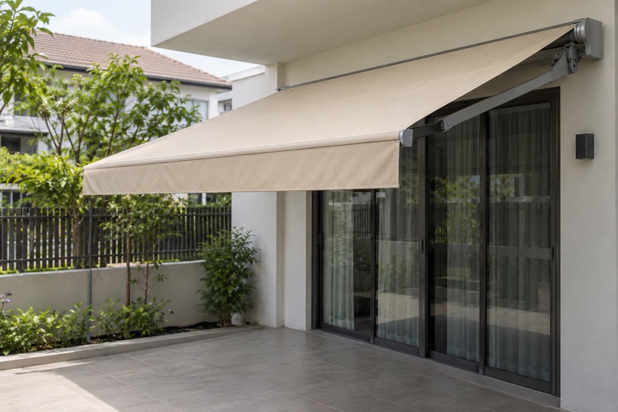 New plain sand-coloured fabric cover fitted to an existing-style grey folding-arm awning over an empty modest patio, fabric focal point
