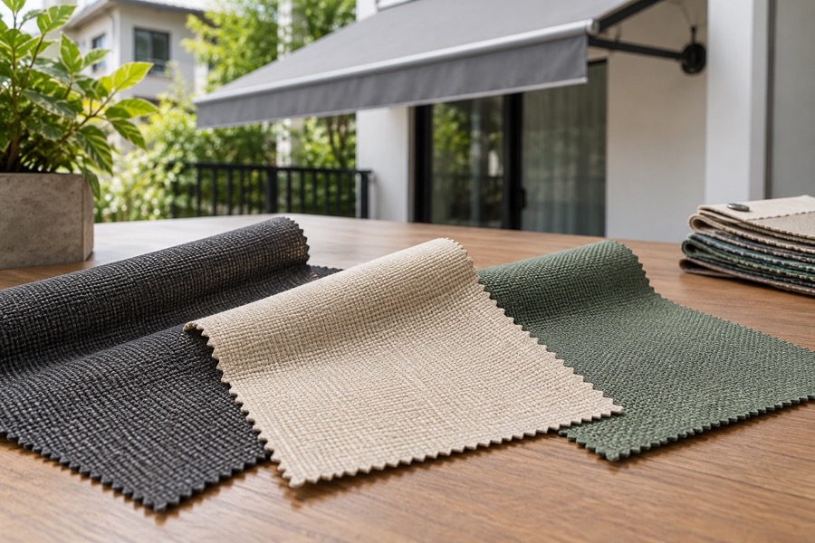 Unbranded woven outdoor awning fabric swatches in charcoal, beige and muted green laid on a clean workshop tabletop
