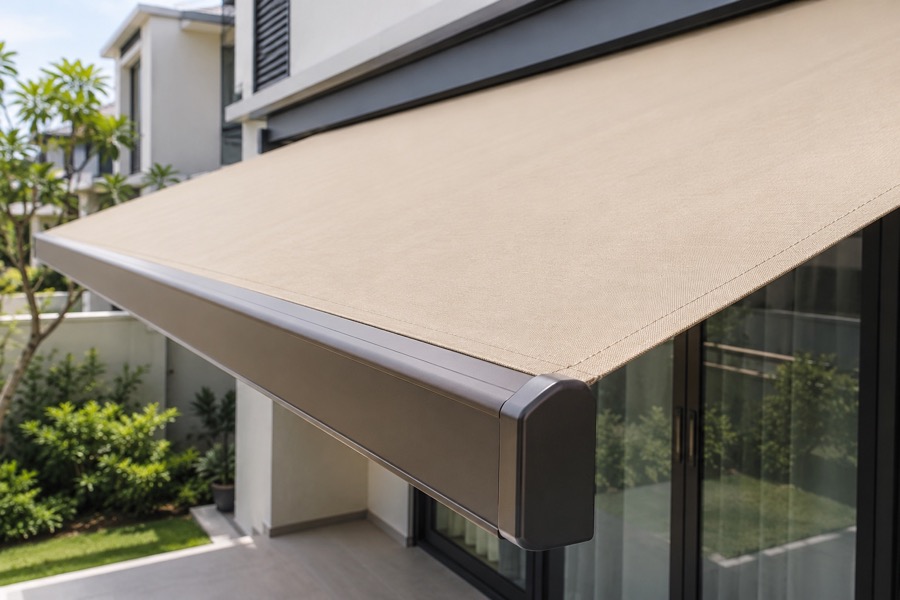 Close-up of new taut beige awning fabric and its straight front rail, visible weave and neat clean attachment