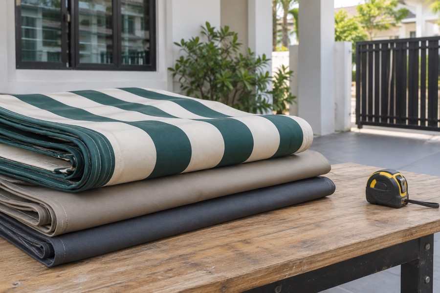 Folded lengths of outdoor canopy fabric on a simple unoccupied workbench next to a closed tape measure