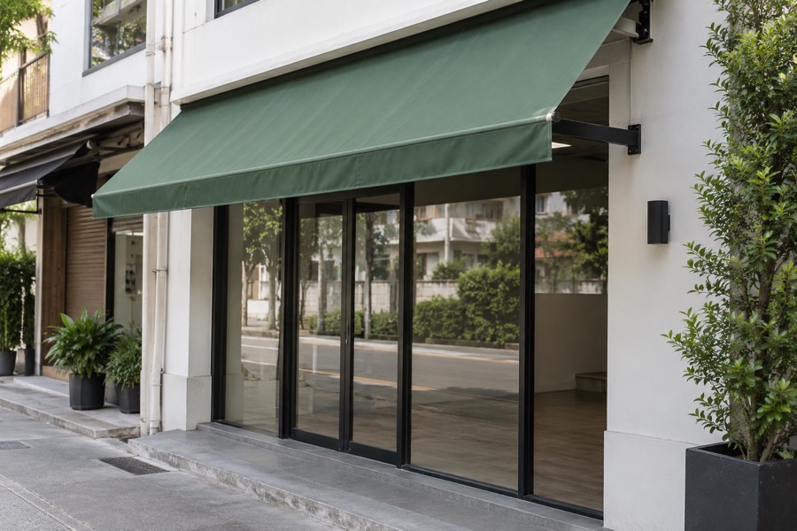 Empty neighbourhood storefront with a newly fitted plain muted-green fabric canopy