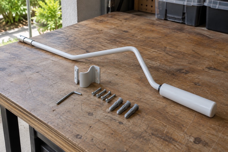 Unbranded detached manual awning crank handle and related small hardware laid neatly on a simple workshop bench