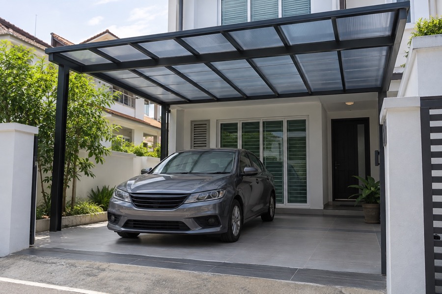 Polycarbonate roof shelter over a modest Singapore landed-home car porch with one parked unbranded sedan