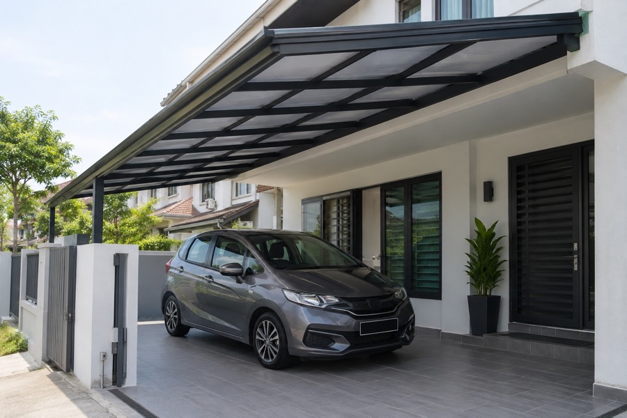 Side view of a compact car porch shelter showing practical roof slope and clear vehicle access at an ordinary terrace home