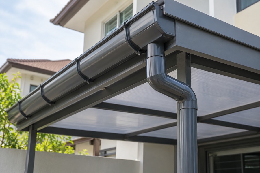Close-up of a porch roof gutter and downpipe meeting at the eaves of a simple polycarbonate shelter, mechanically plausible