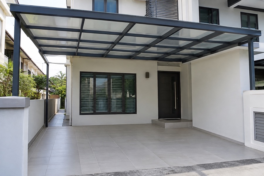 Empty tiled car porch beneath a light-tinted polycarbonate roof, ordinary home facade and clean practical clearance