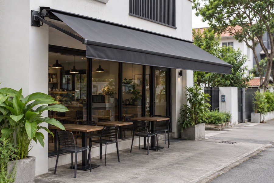 Plain charcoal folding-arm awning shading an empty modest neighbourhood café frontage with simple outdoor tables