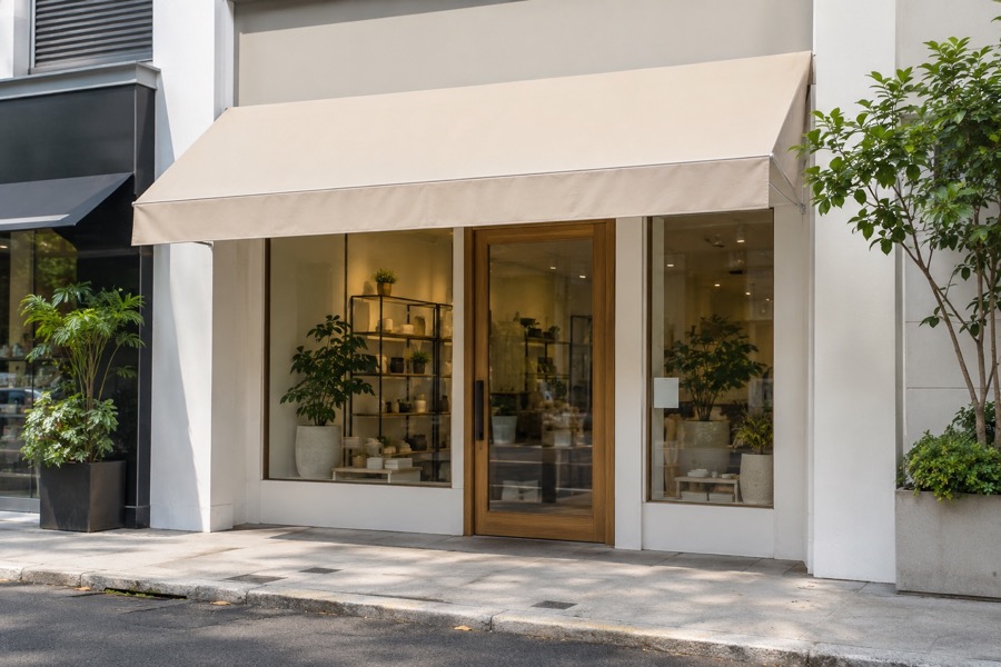 Plain beige fixed fabric entrance canopy at an unbranded small retail shop