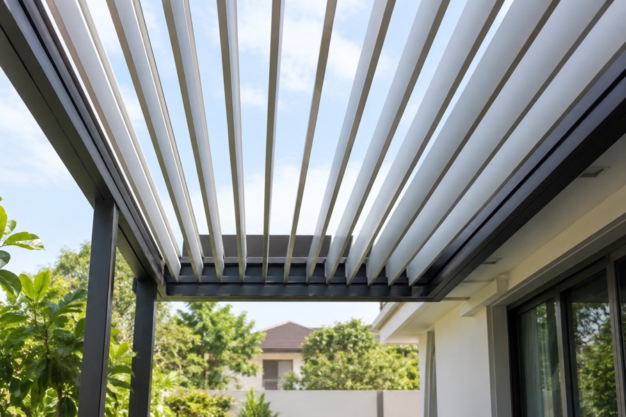 View from underneath a louvre shade roof showing parallel adjustable slats and soft daylight, clear plausible structural geometry