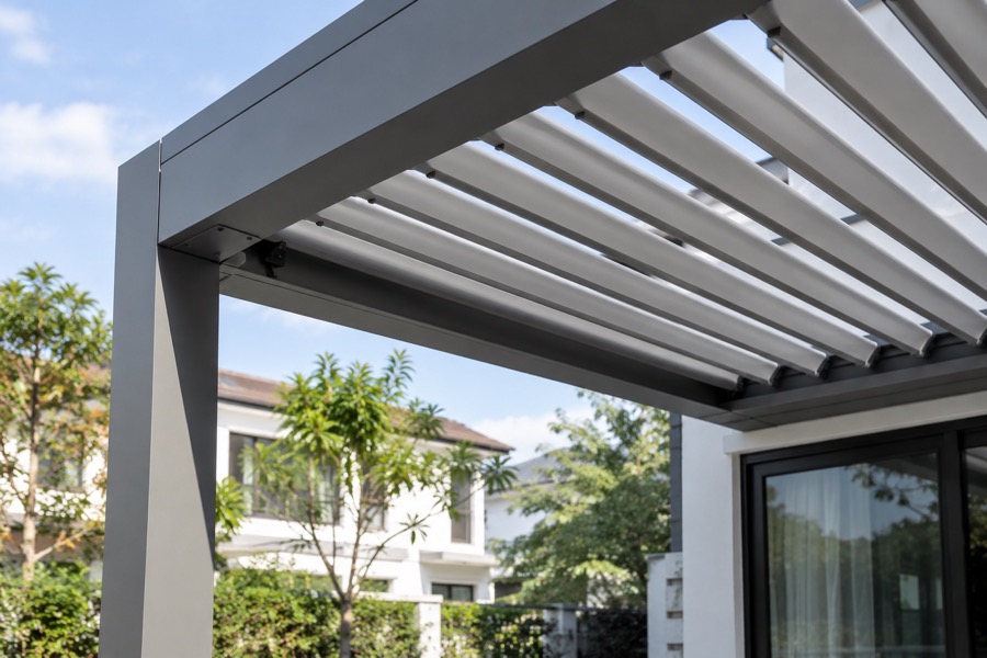 Close-up of an aluminium louvre roof edge and aligned pivoting slats, simple hardware detail