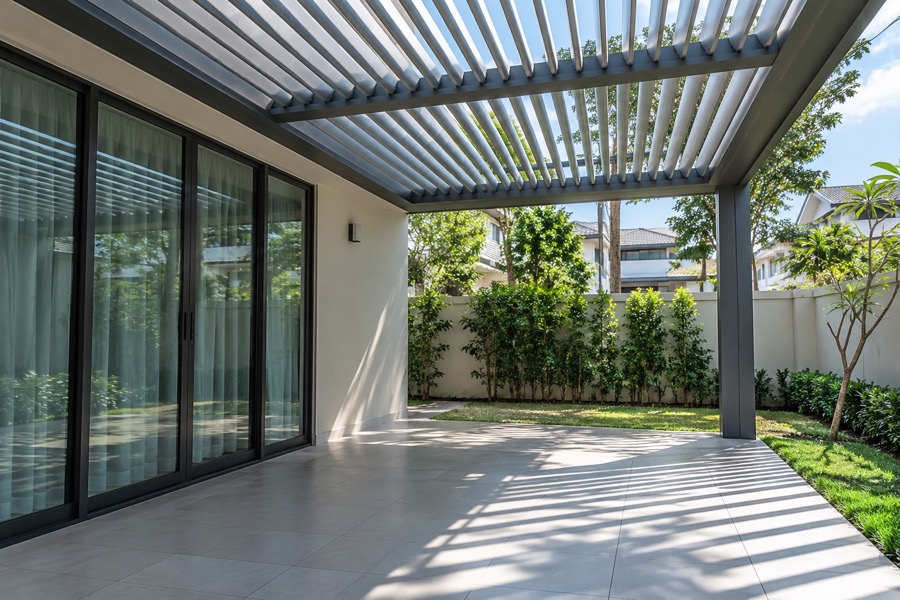 Parallel partially open aluminium louvres casting clean bands of sunlight onto an empty tiled residential patio