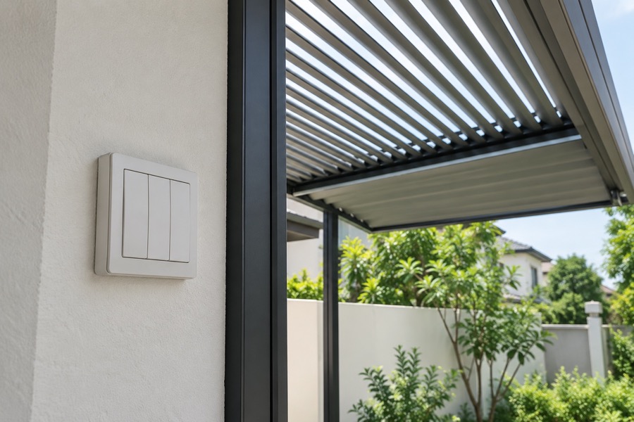 Close-up of a plain unbranded wall-mounted control switch on the wall beside an aluminium louvre shade structure
