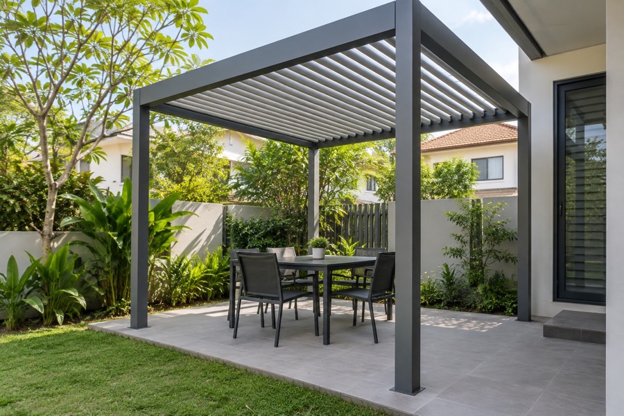 Three-quarter view of a compact freestanding aluminium louvre shade frame in a modest Singapore garden, neutral finish and no elaborate extras