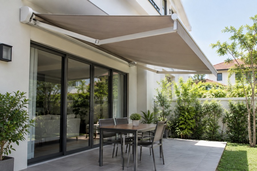 Motorised-style folding-arm awning extended over a modest residential patio, clean enclosed roller housing and plausible wall mounting