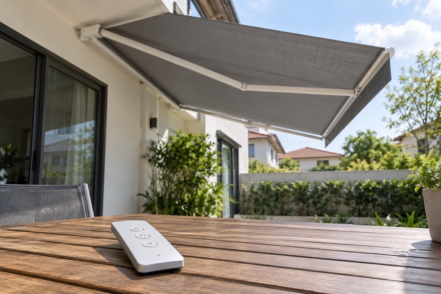 Plain unbranded awning remote control resting on an empty patio table, retractable awning visible behind