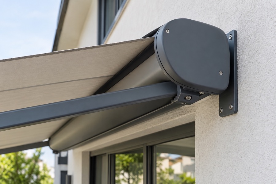 Close-up of the closed motor-end housing on a retractable awning roller, neat bracket against a concrete wall