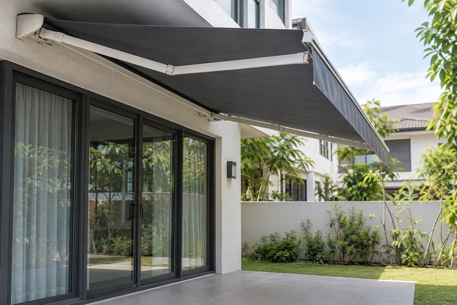 Retractable fabric awning partially extended above a small empty tiled patio, realistic continuous fabric and folding arms