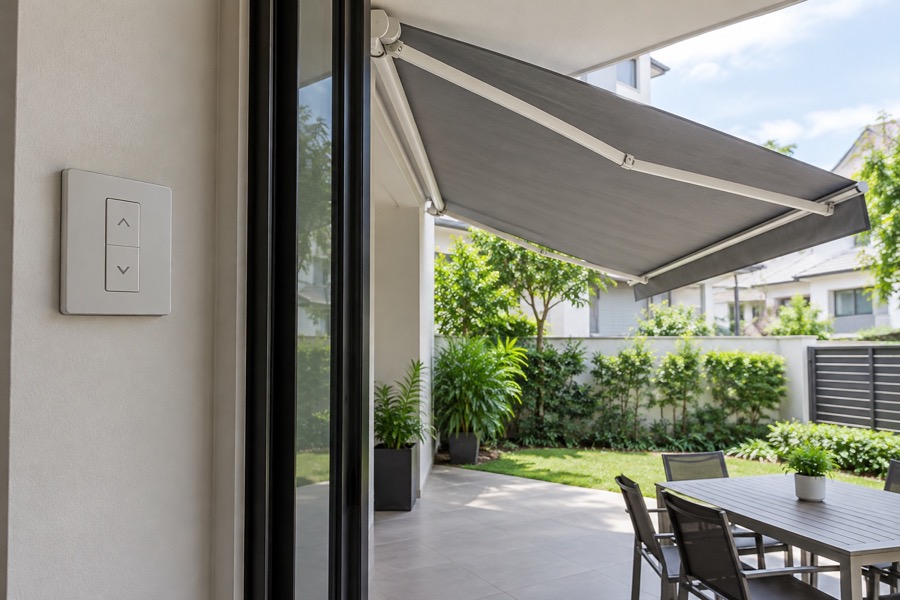 Simple wall switch beside a patio doorway with an extended retractable awning outside, unbranded controls