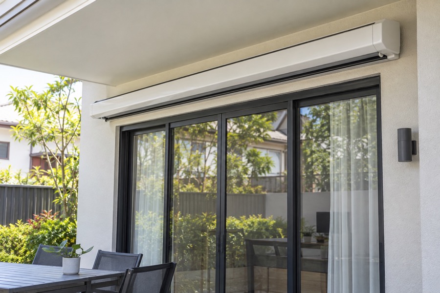 Retractable awning neatly retracted into its wall-mounted housing above a modest patio doorway