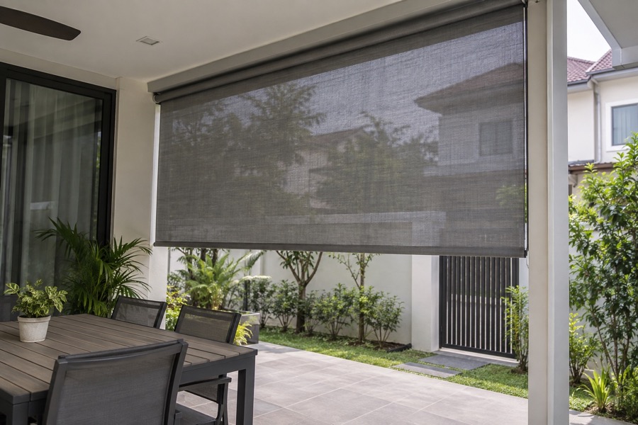Partially lowered grey outdoor roller sunscreen blind across the side opening of a modest Singapore covered patio, woven screening visible