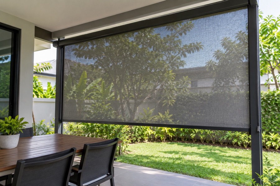 Outdoor roll-down mesh shade mounted beneath a simple patio roof beam, green garden beyond visible through the fabric