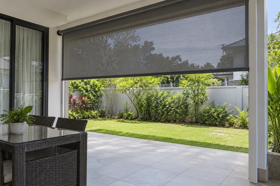 Partially raised outdoor roller blind showing unobstructed tiled patio access and a simple garden beyond