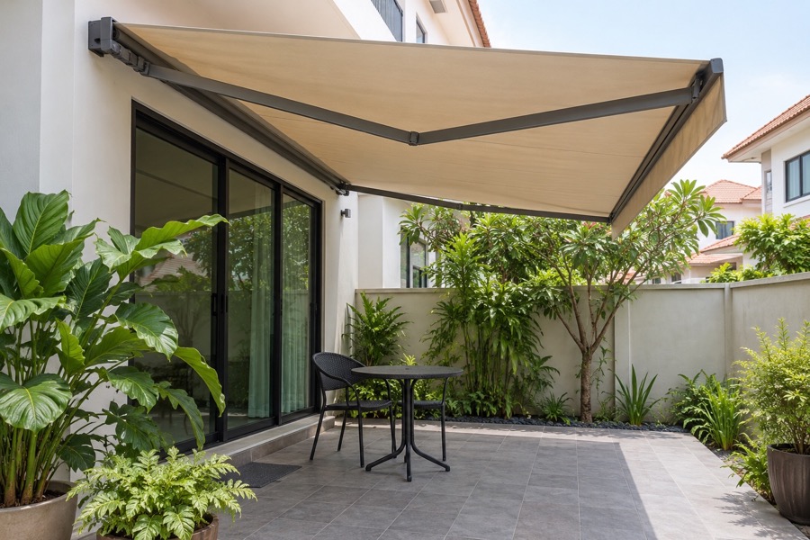 Modest Singapore backyard patio shaded by a plain beige retractable awning, empty small table, potted tropical plants and tiled paving
