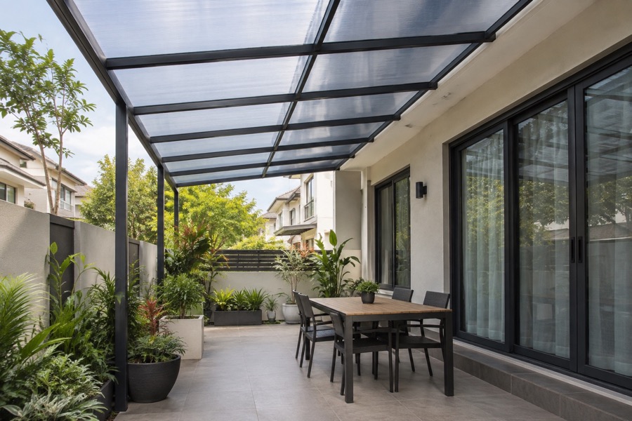 Covered residential patio with a translucent polycarbonate trellis roof and modest potted plants, practical daylight shelter