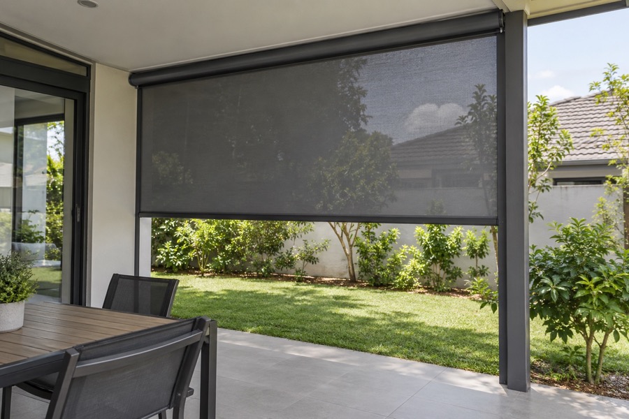 Outdoor roller side shade partly lowered under a small patio roof, ordinary garden beyond